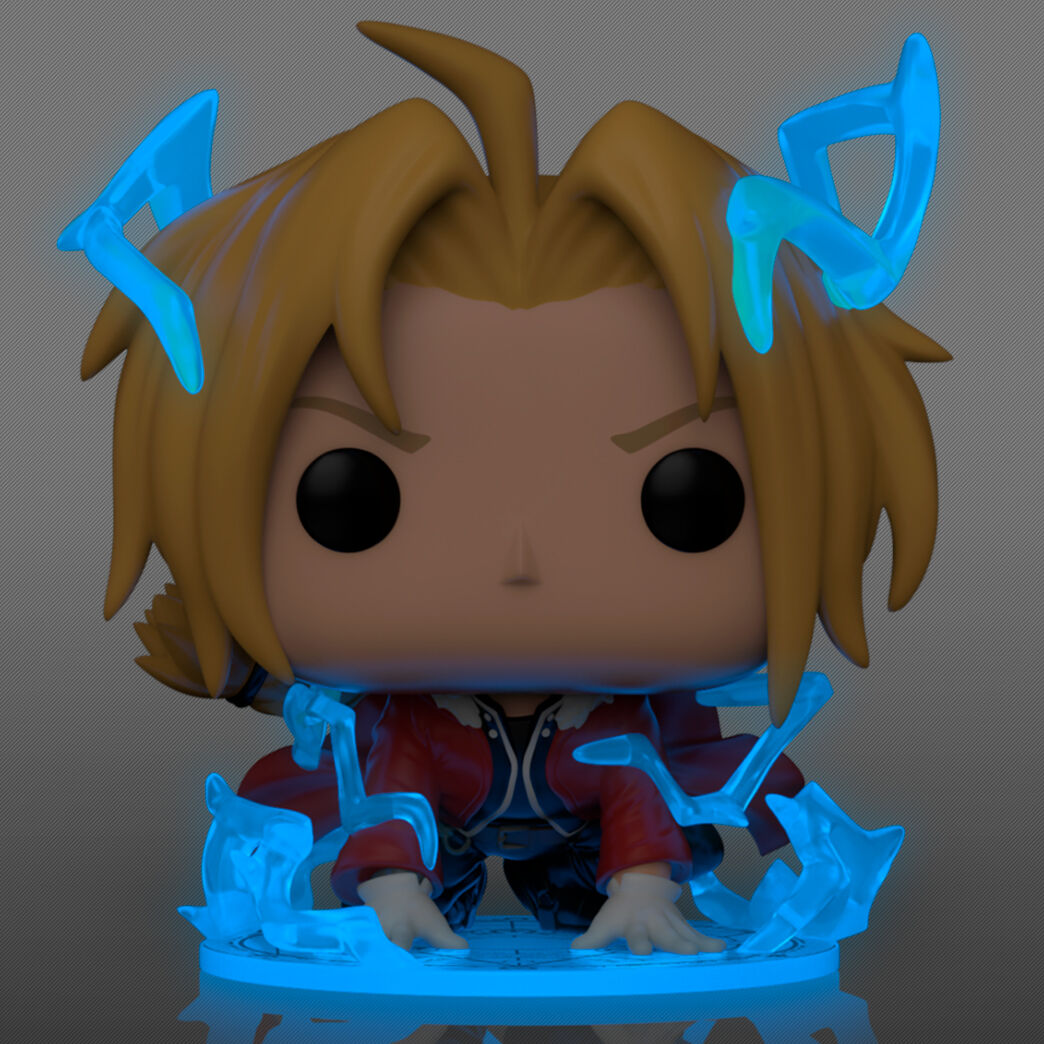Close up of Funko POP Edward Elric glow effect Fullmetal Alchemist figure