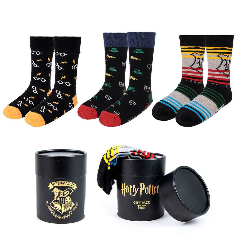 Collection of Harry Potter-themed socks in a black gift box with the Hogwarts crest.