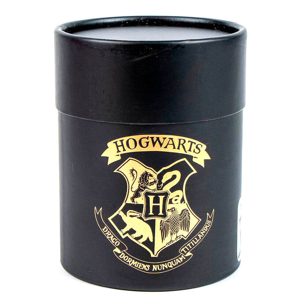 Black cylindrical container with Hogwarts crest on a white background