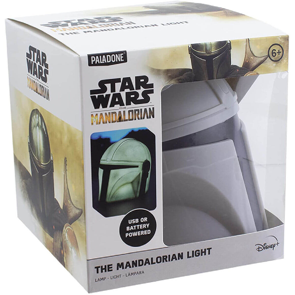 Box packaging of a 'Star Wars: The Mandalorian' helmet light with branding and product details.
