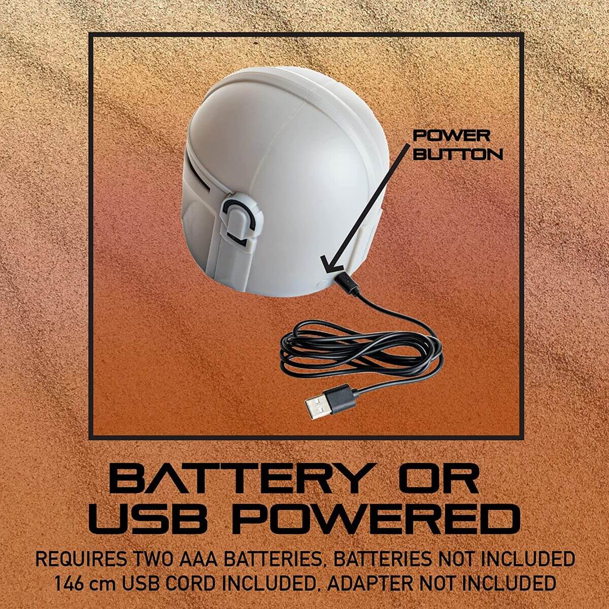 White helmet with USB cable on a brown background, indicating battery or USB powered options.