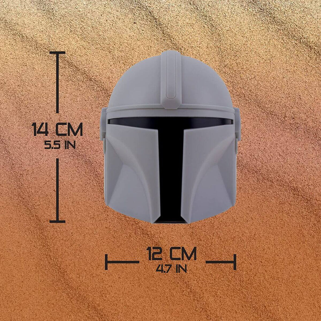 Gray helmet with measurements on a textured brown background
