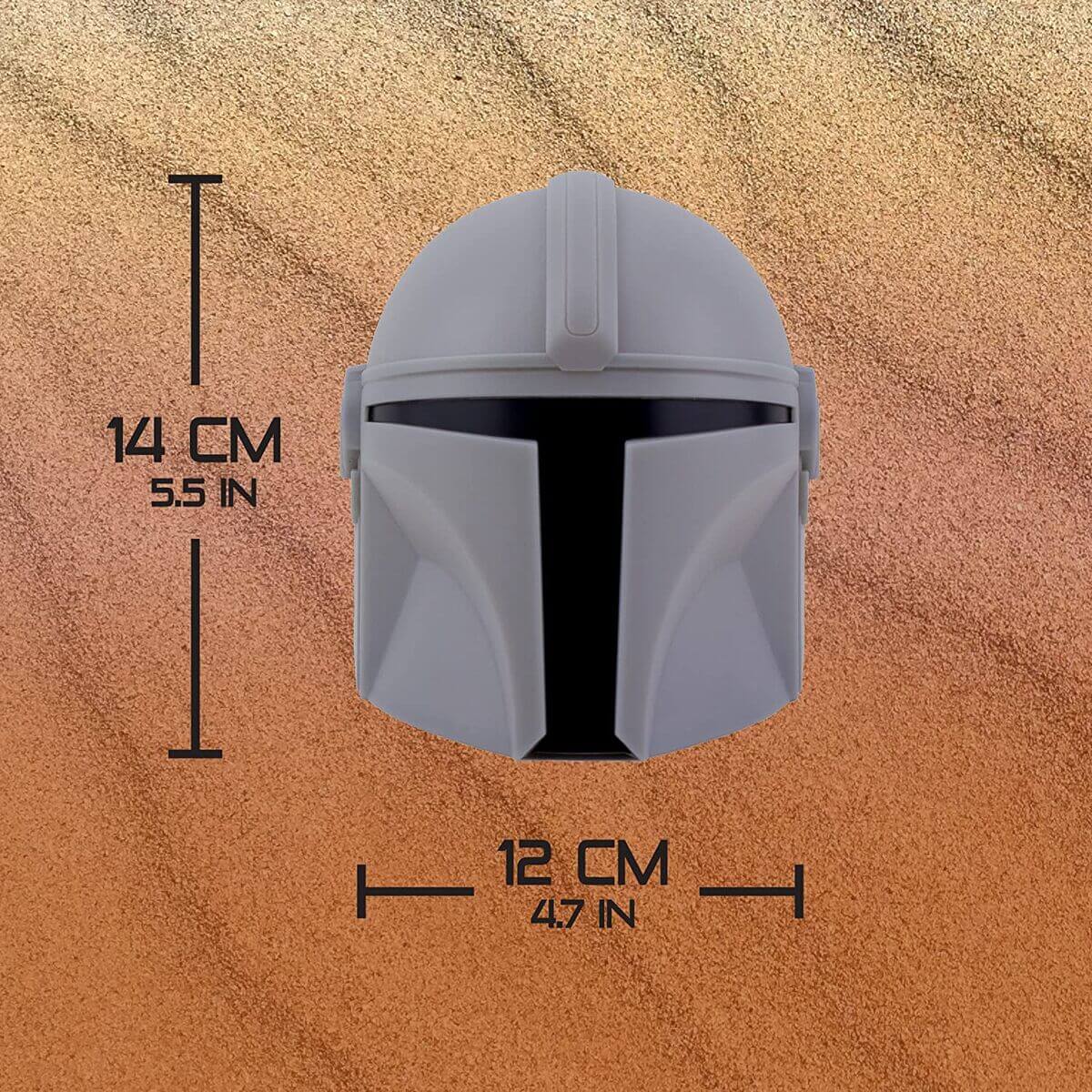 Gray helmet with measurements on a textured brown background