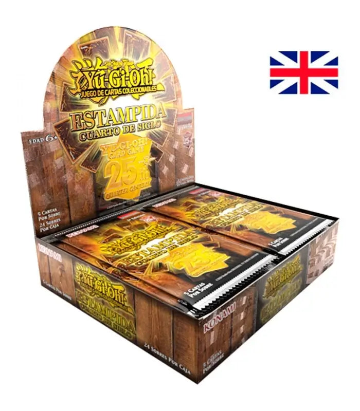 Card game box with 'Estampida' branding and British flag icon on a white background